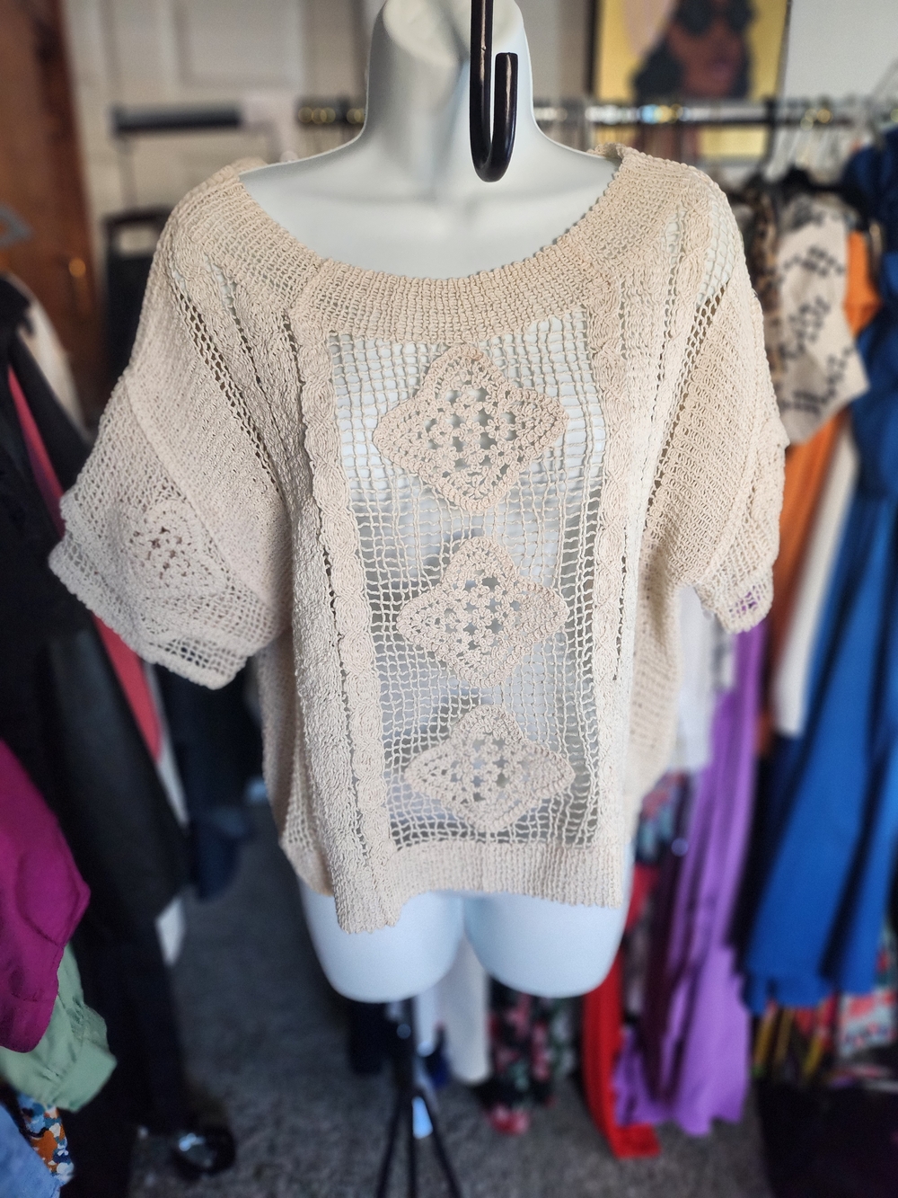 Crochet Panel Short Sleeve Knit Top - Cream